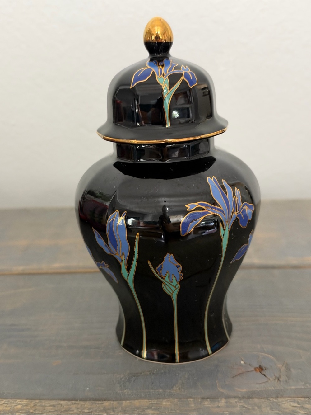 Vintage Otagiri Japan Blue Iris Ginger Jar & Trinket Box Set Black Floral - Picture 5 of 16